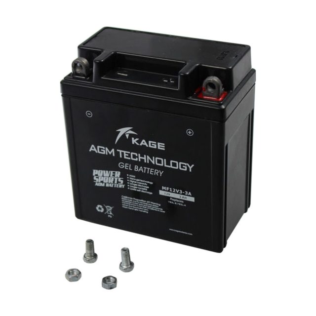 Baterie moto YB3L-B cu gel, văzută din față, cu ambele borne