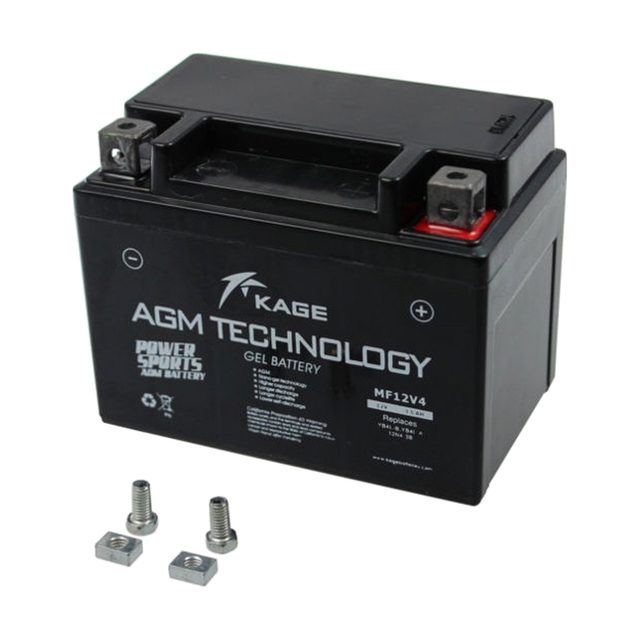 Baterie moto YB4L-B cu gel, văzută din față, cu ambele borne
