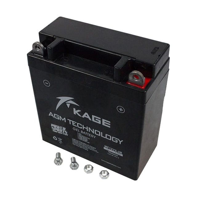 Baterie moto YB5L-B cu gel, văzută din față, cu ambele borne