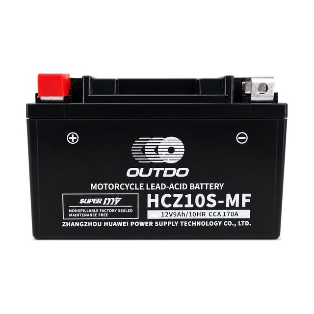 OUTDO HCZ10S-MF, baterie moto YTZ10S văzută din față, cu ambele borne