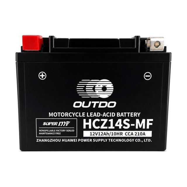 OUTDO HCZ14S-MF, baterie moto YTZ14S văzută din față, cu ambele borne
