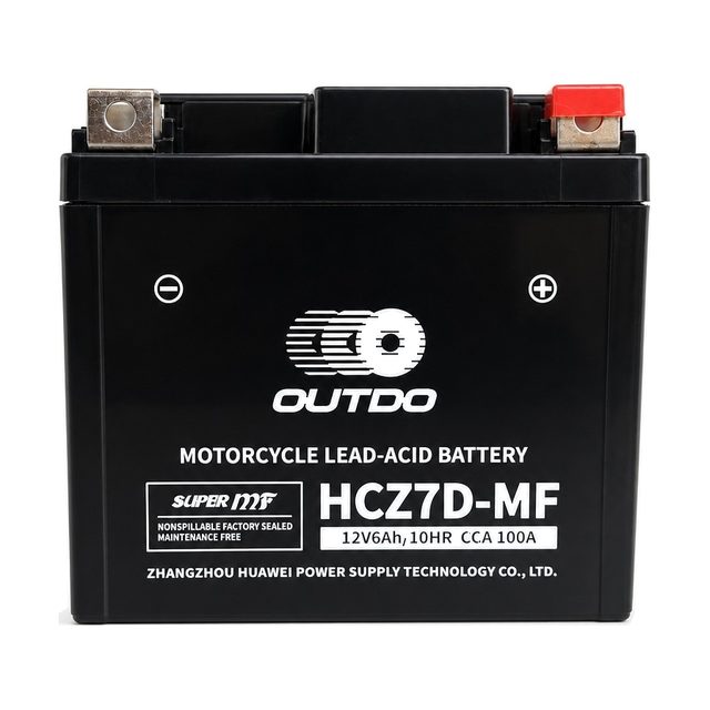 OUTDO HCZ7D-MF, baterie moto YTZ7S văzută din față, cu ambele borne
