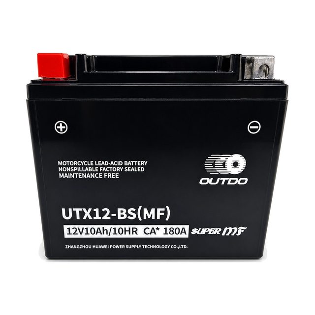 OUTDO UTX12-BS, baterie moto YTX12-BS văzută din față, cu ambele borne