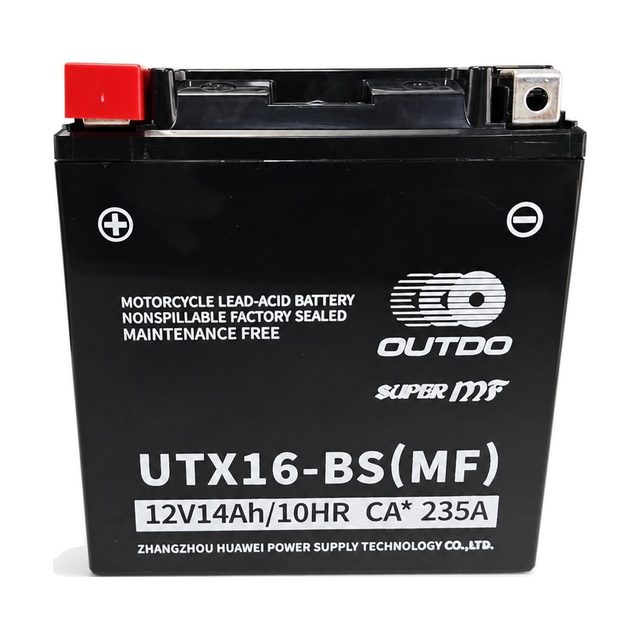 OUTDO UTX16-BS, baterie moto YTX16-BS văzută din față, cu ambele borne