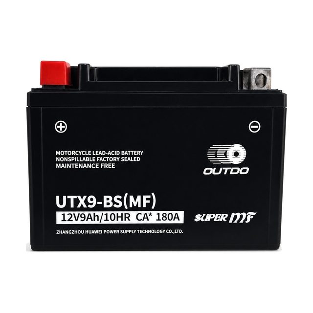 OUTDO UTX9-BS, baterie moto YTX9-BS văzută din față, cu ambele borne