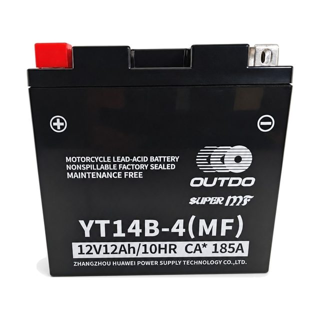 OUTDO YT14B-4, baterie moto YT14B-BS văzută din față, cu ambele borne