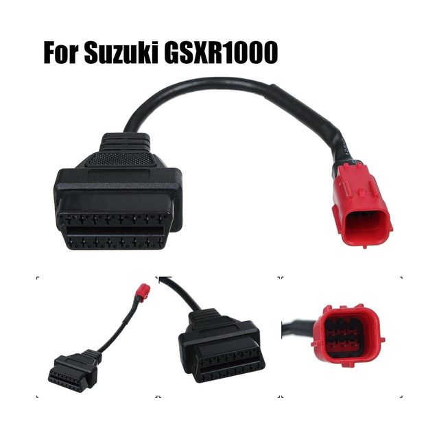 Cablu adaptor scurt pentru motociclete Suzuki, cu conector roșu cu 6 pini și mufă OBD2 neagră cu 16 pini