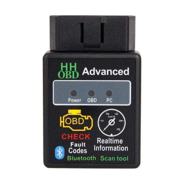 ELM327 Bluetooth negru «HH OBD Advanced», văzut din față, cu indicatoarele Power, OBD și PC