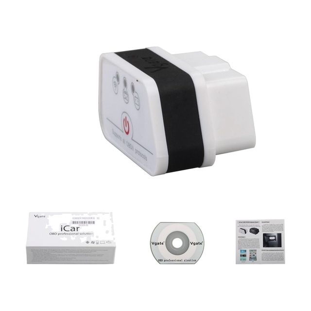 Vgate iCar2 WiFi împreună cu cutia, CD-ul și manualul