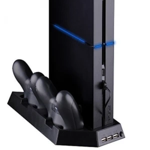 satkit Suport vertical PS4 4 în 1 cu ventilator, hub USB și încărcător pentru 2 controllere