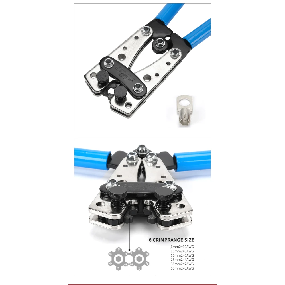 Cleste de sertizat 6-50mm² cu mânere antiderapante și rotație reglabilă