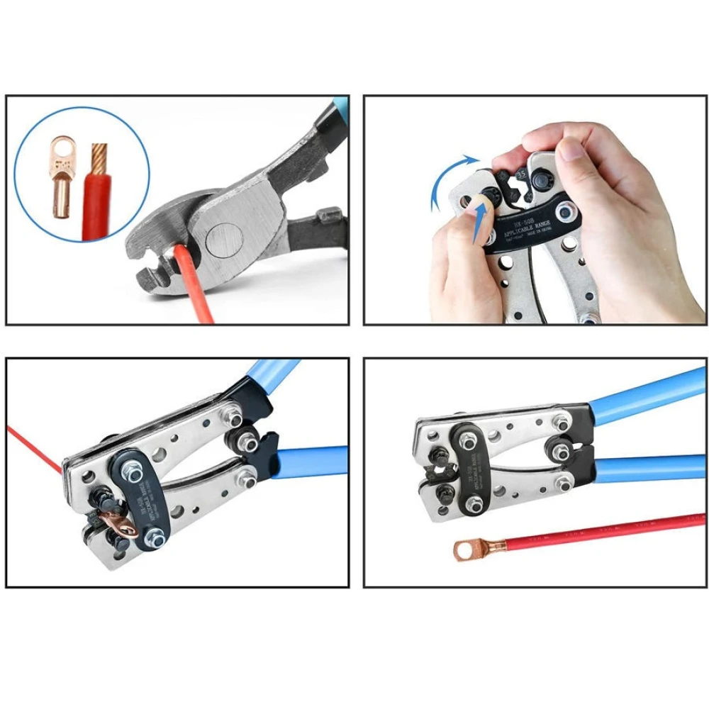 Cleste de sertizat 6-50mm² cu mânere antiderapante și rotație reglabilă