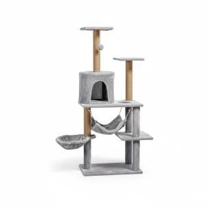 Ansamblu de zgariat pentru pisici 125 cm cu hamac, culcus si stalpi din sisal