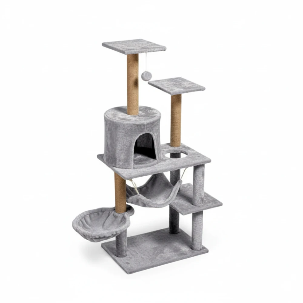Ansamblu de zgariat pentru pisici 125 cm cu hamac, culcus si stalpi din sisal