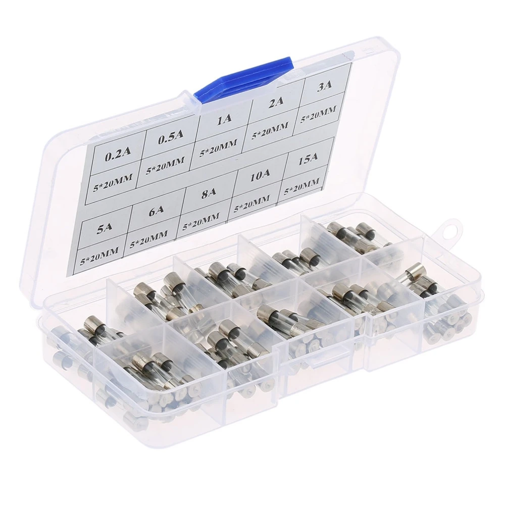 Cutie set siguranțe 5x20 - 100 siguranțe în 10 valori, de la 0,2A la 15A