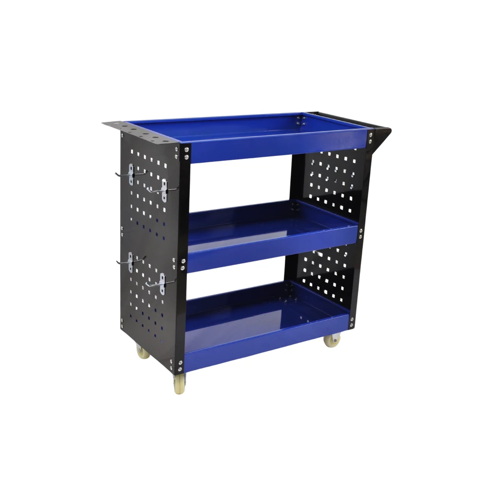 Carucior de atelier profesional cu 3 rafturi, tavi laterale și cârlige
