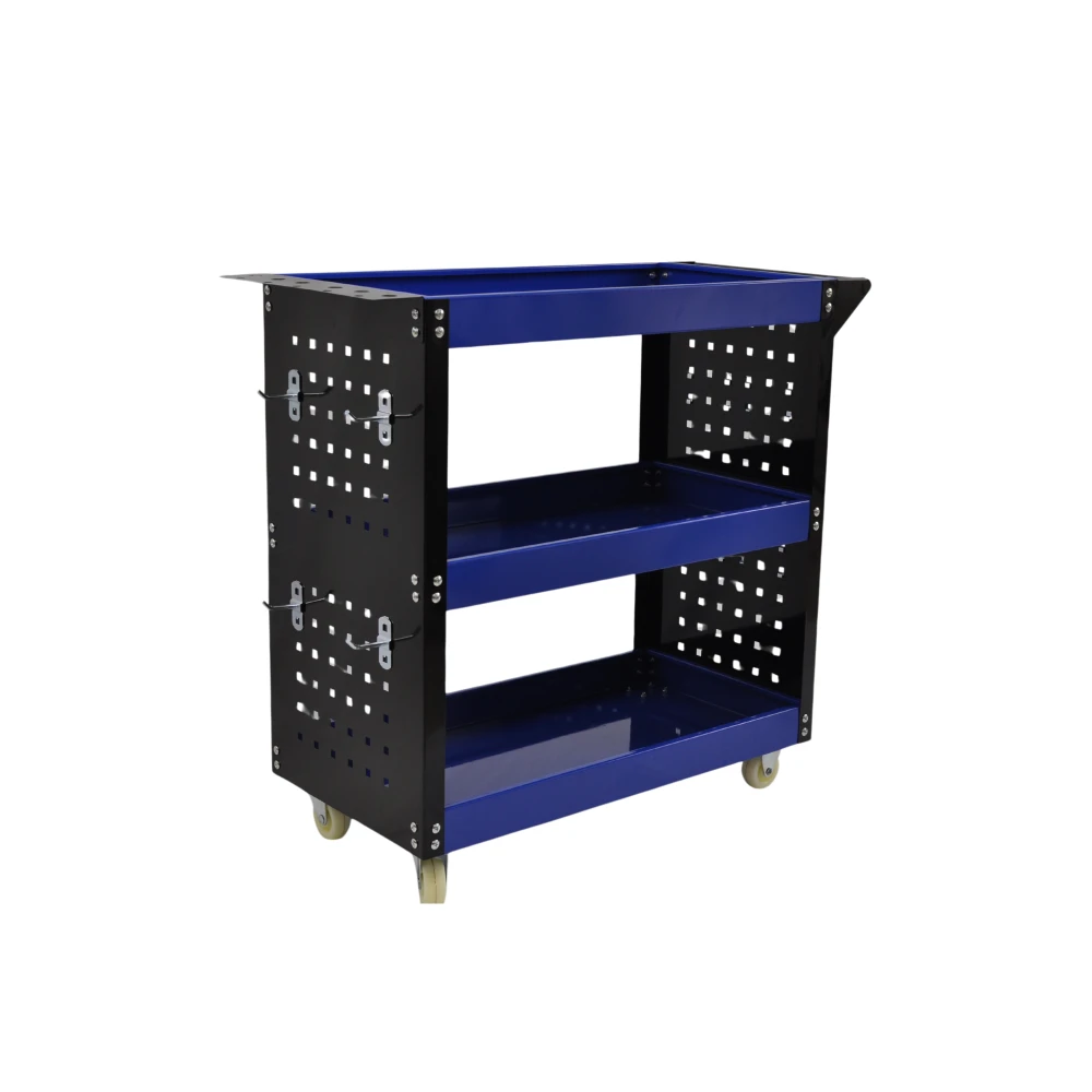 Carucior de atelier profesional cu 3 rafturi, tavi laterale și cârlige