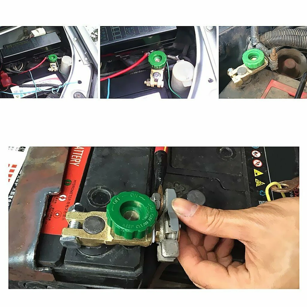 Vista frontal del desconectador de batería para camión y barco con perilla verde