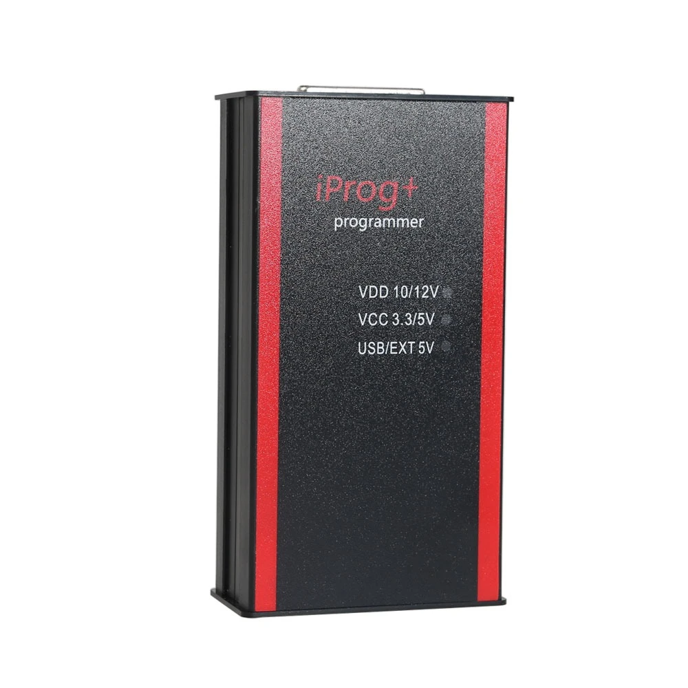 Vista frontal del Iprog Pro con adaptadores y cables incluidos