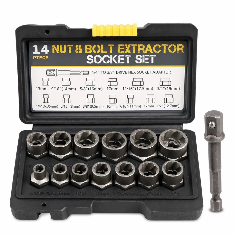 Set Extractor Șuruburi și Piulițe Rupte 14 Piese Oțel HSS Scoate Prezoane Deteriorate