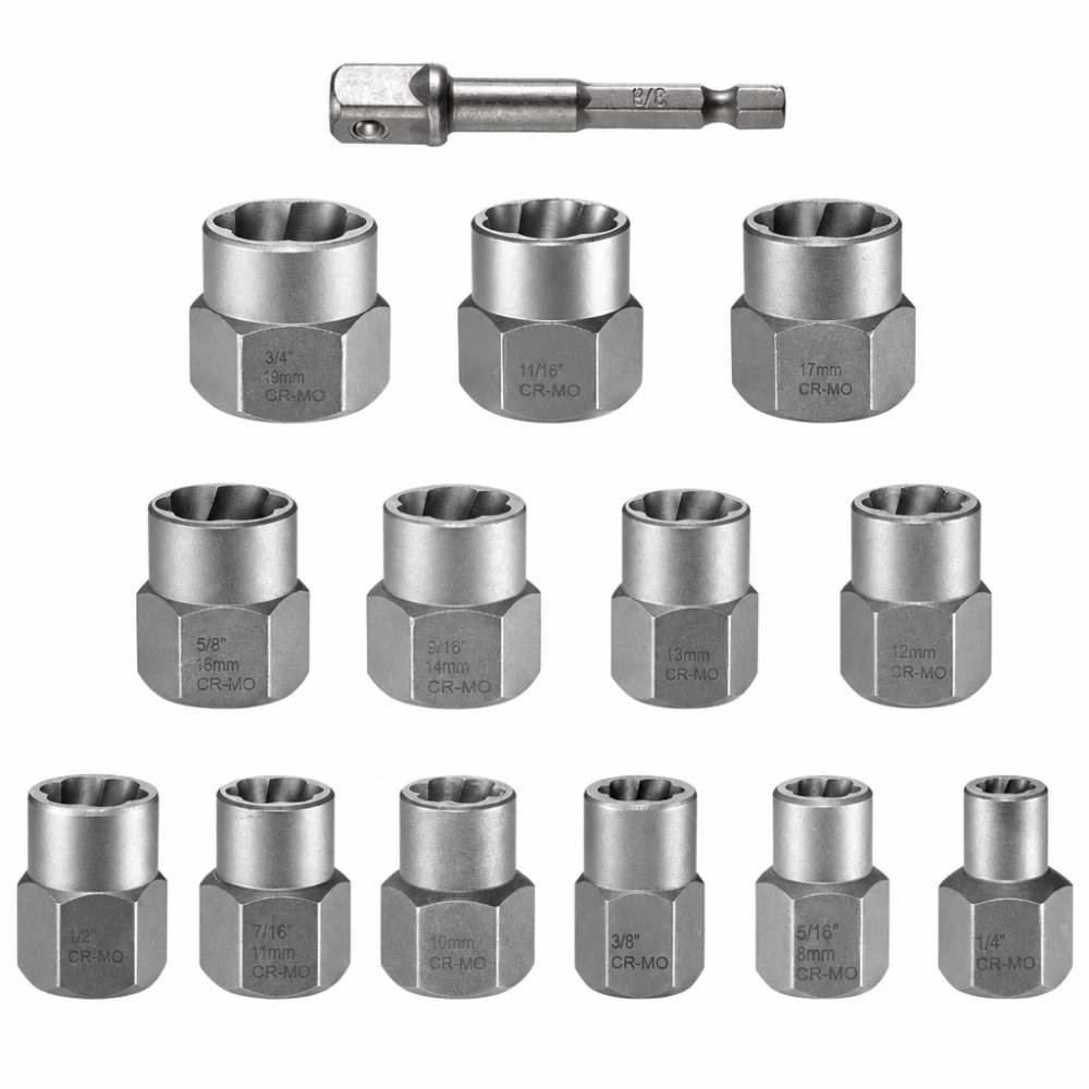 Set Extractor Șuruburi și Piulițe Rupte 14 Piese Oțel HSS Scoate Prezoane Deteriorate