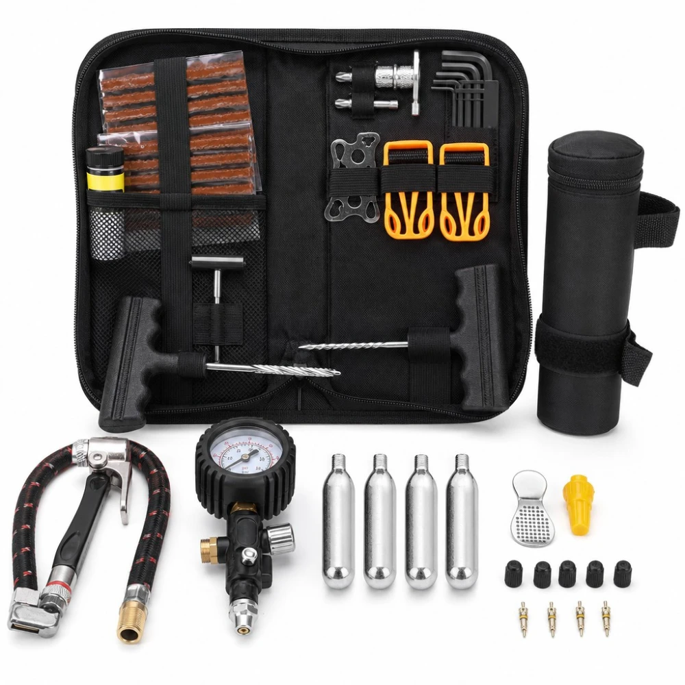 Kit Reparare Pană Anvelope Moto Bicicletă 81 Piese Fitiluri Perforator Tubeless