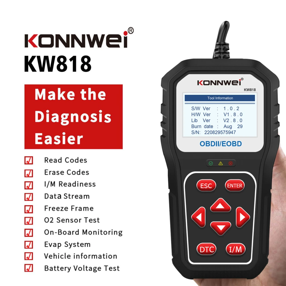 KONNWEI KW818 scanner OBD2: cititor coduri OBDII pentru masini din 1996
