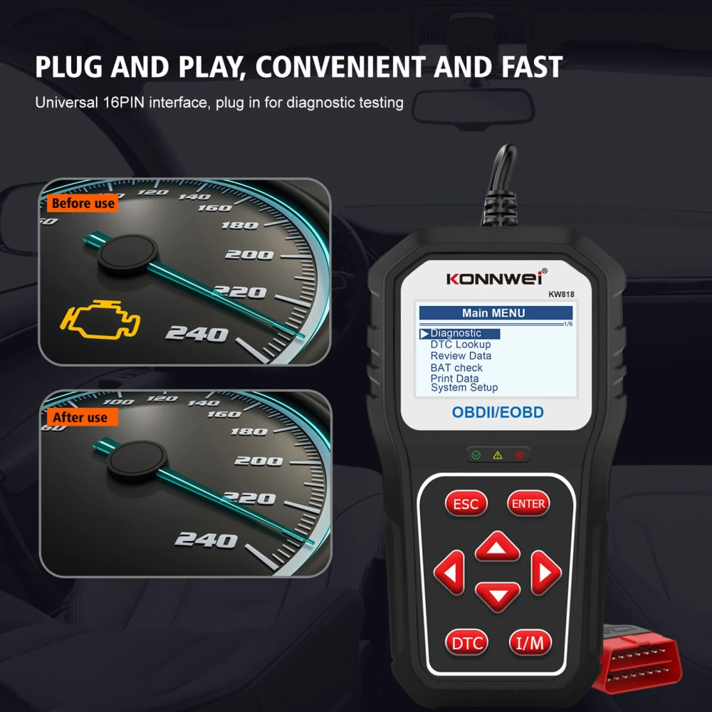 KONNWEI KW818 scanner OBD2: cititor coduri OBDII pentru masini din 1996