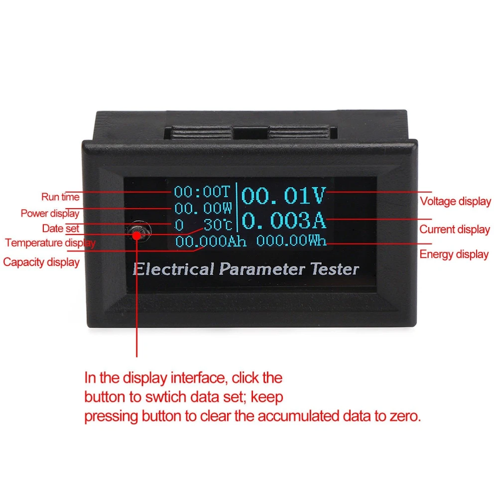 Vista lateral del medidor de parámetros eléctricos 7 en 1 con pantalla OLED