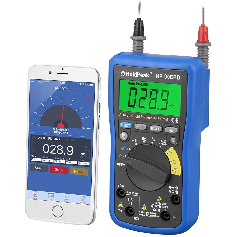 Multimetru digital HoldPeak HP-90EPD cu app mobilă și auto range