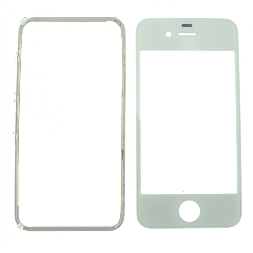Ecran sticlă iPhone 4 alb cu ramă adezivă pentru reparație