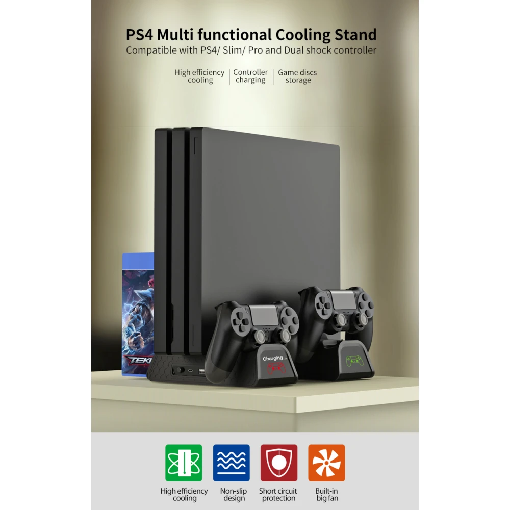 Base de refrigeración para PS4 Slim y Pro con cargador de mandos y almacenamiento de discos