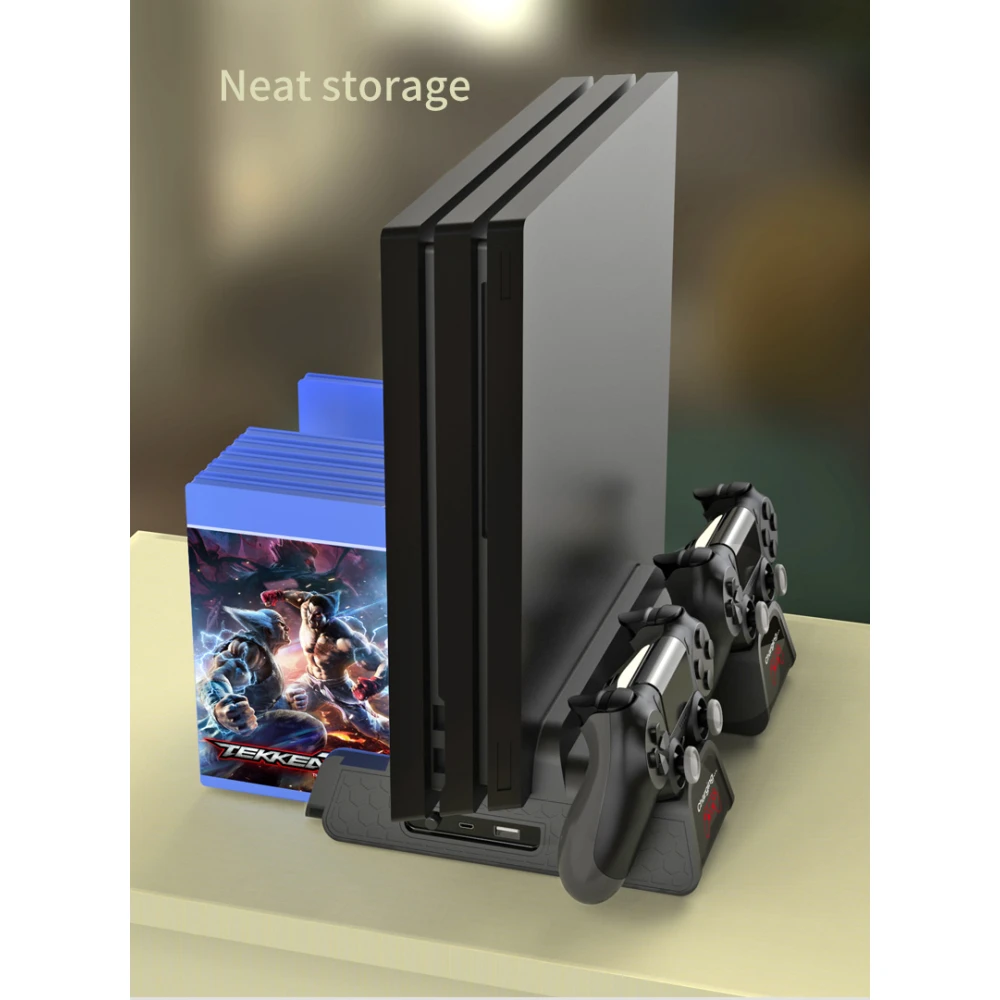 Vista lateral del soporte de refrigeración para PS4 mostrando ventiladores y espacio para discos
