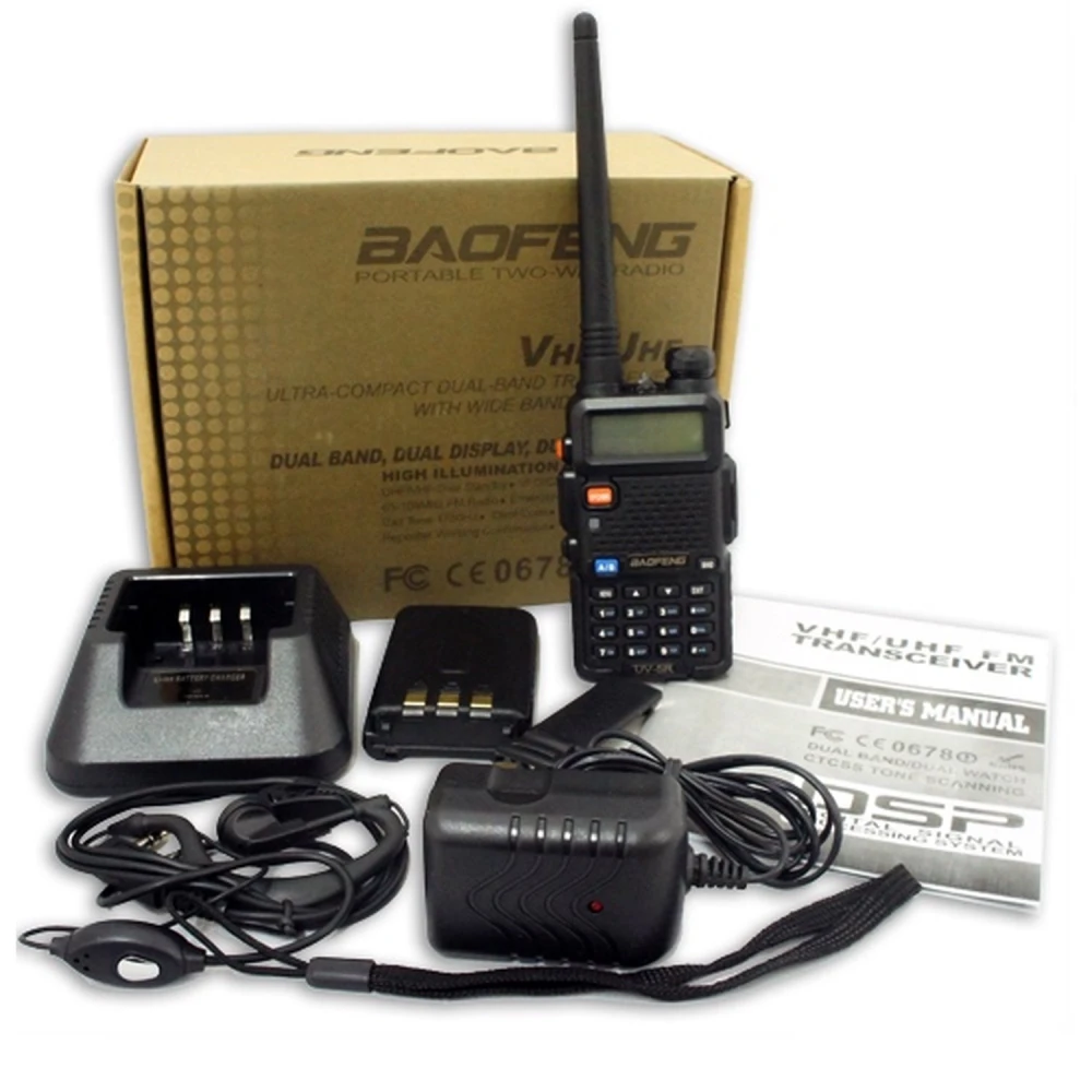 Walkie talkie Baofeng UV-5R 8W cu căști și bandă duală VHF/UHF